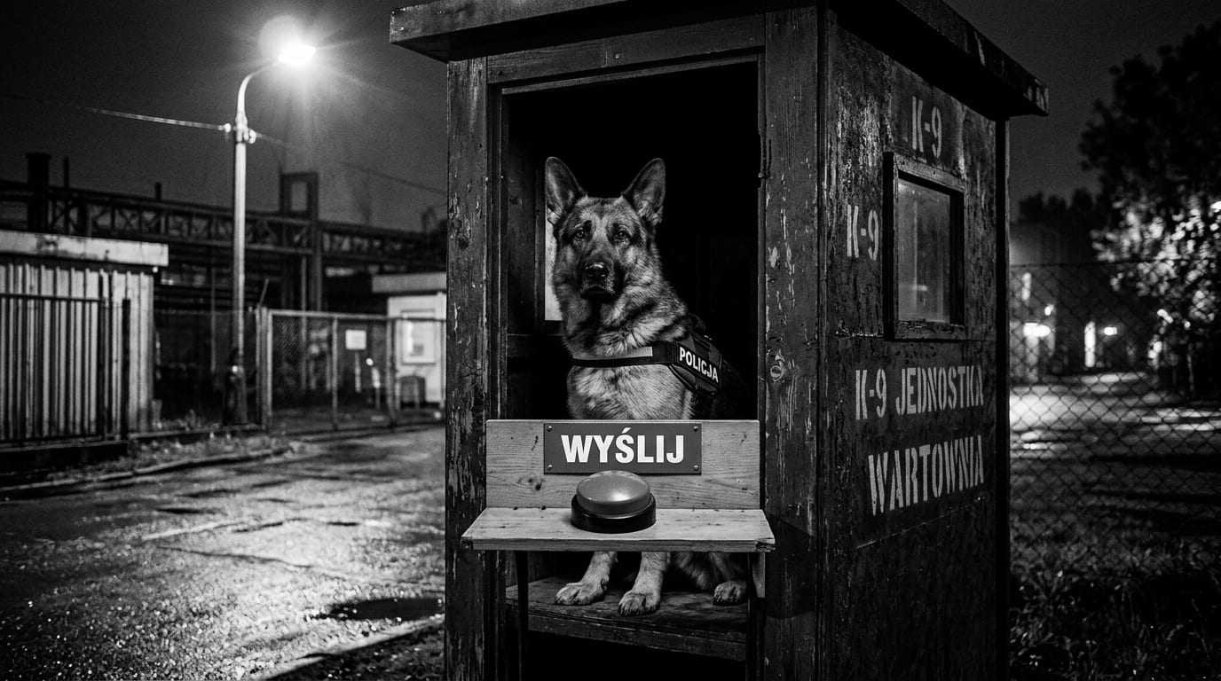 Owczarek w budce wartowniczej pilnuje wielkiego czerwonego przycisku z napisem WYŚLIJ, noc, latarnia uliczna