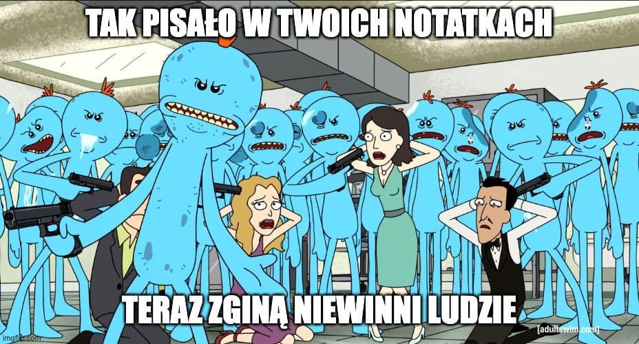 Tłum Miszuków z bronią, napis: „Tak pisało w twoich notatkach — teraz zginą niewinni ludzie