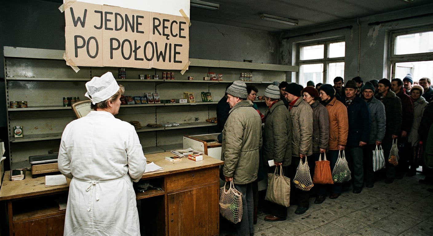 Kolejka w sklepie z lat 80., nad ladą ręcznie zrobiona tabliczka „W jedne ręce po połowie”