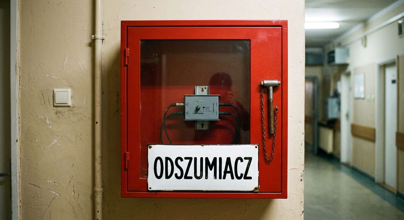 Czerwona gablota przeciwpożarowa z młotkiem na łańcuszku, w środku procesor audio, pod spodem emaliowana tabliczka „ODSZUMIACZ”