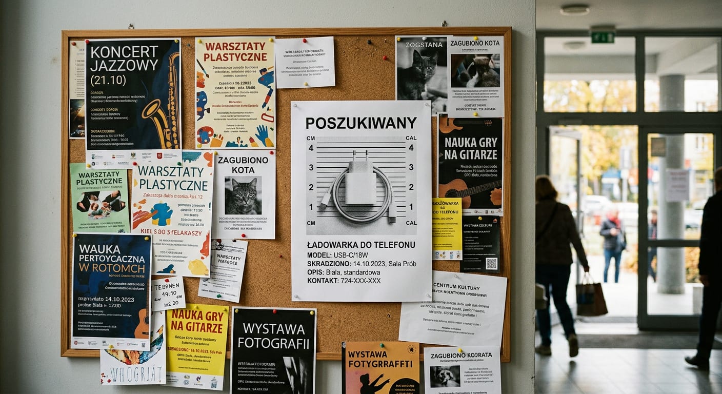 Tablica ogłoszeń w domu kultury, między plakatami wisi kartka „POSZUKIWANY — ŁADOWARKA DO TELEFONU” z rysopisem