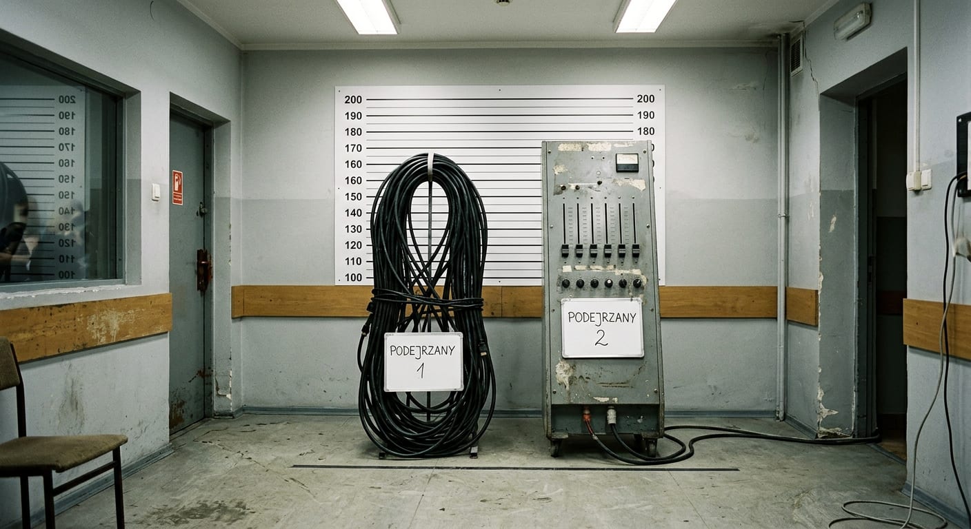 Policyjna ściana z miarką wzrostu, pod nią zwinięty kabel z tabliczką „PODEJRZANY 1” i stary ściemniacz z tabliczką „PODEJRZANY 2”