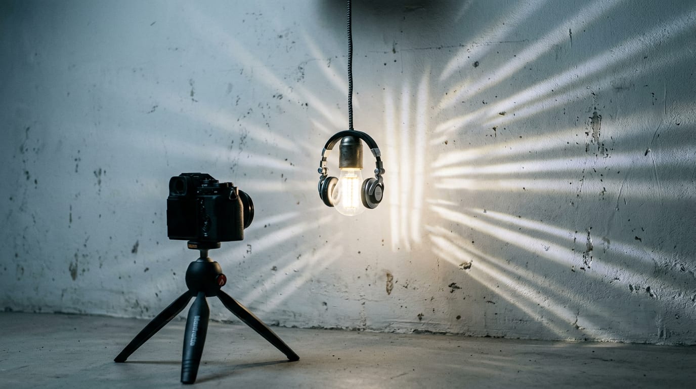 Żarówka LED w słuchawkach DJ-a rzuca na ścianę pasy światła, a kamera na statywie patrzy na nią