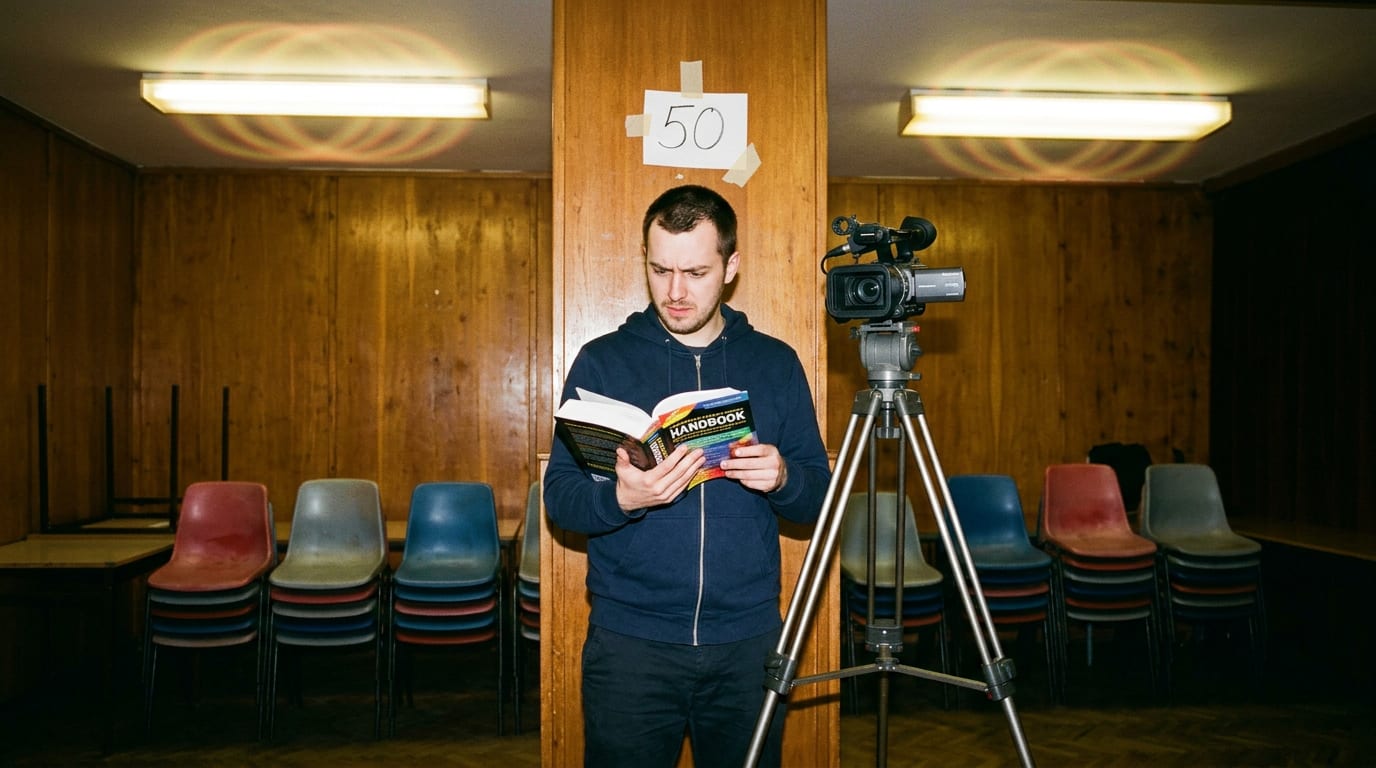 Kamerzysta w sali domu kultury czyta anglojęzyczny podręcznik, nad nim świetlówki z pulsującym światłem