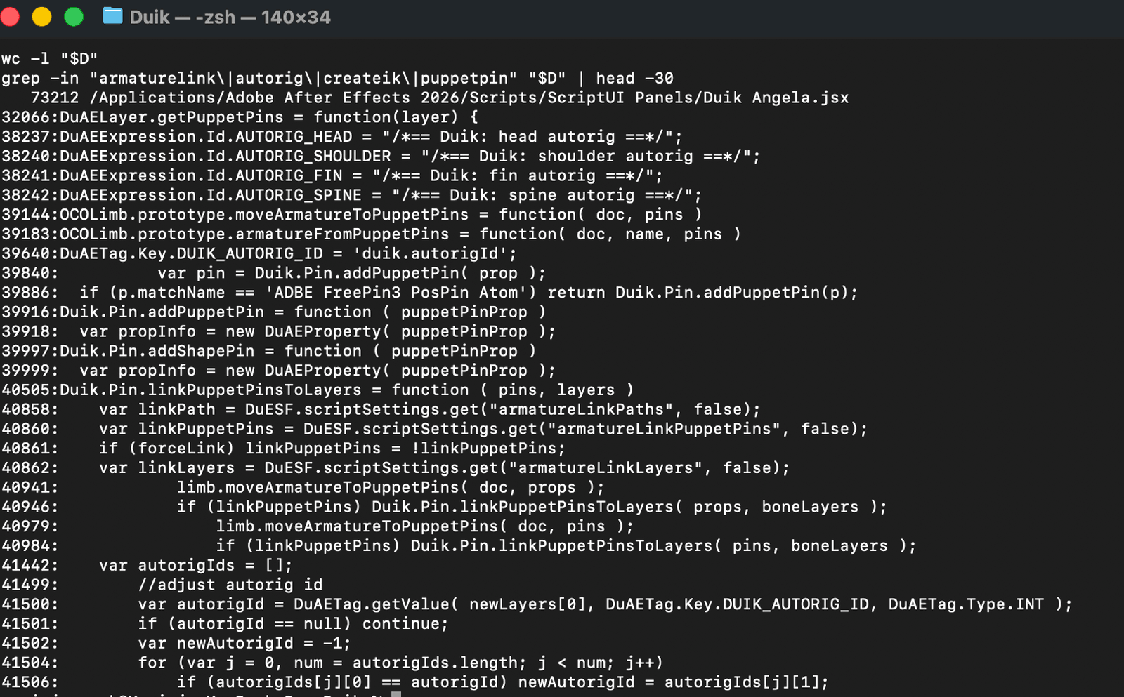 Terminal: wyszukiwanie funkcji autorigu w pliku wtyczki Duik