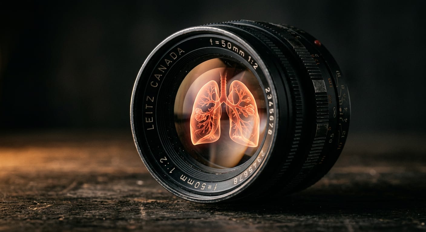 Obiektyw z napisem 50 mm 1:2 leżący na ciemnym blacie, a w jego szkle świecą od środka płuca, jakby obiektyw oddychał