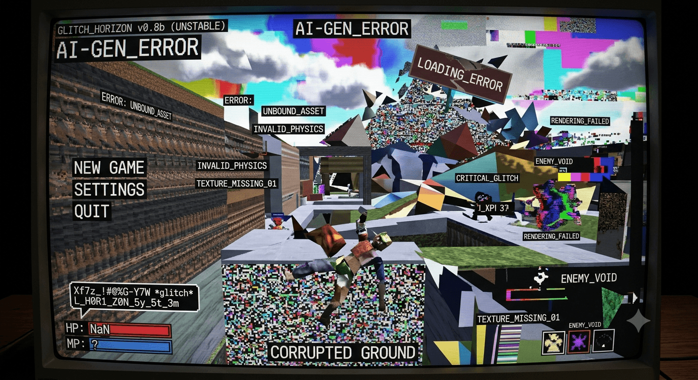 Zrzut z gry pełnej błędów: AI-GEN_ERROR, CORRUPTED GROUND, punkty życia wyświetlone jako NaN
