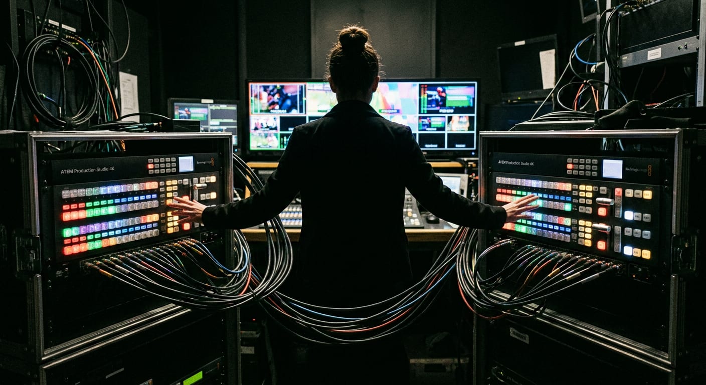 Technik widziany od pleców, w sylwetce, obsługuje jednocześnie dwie identyczne konsole Blackmagic ATEM
