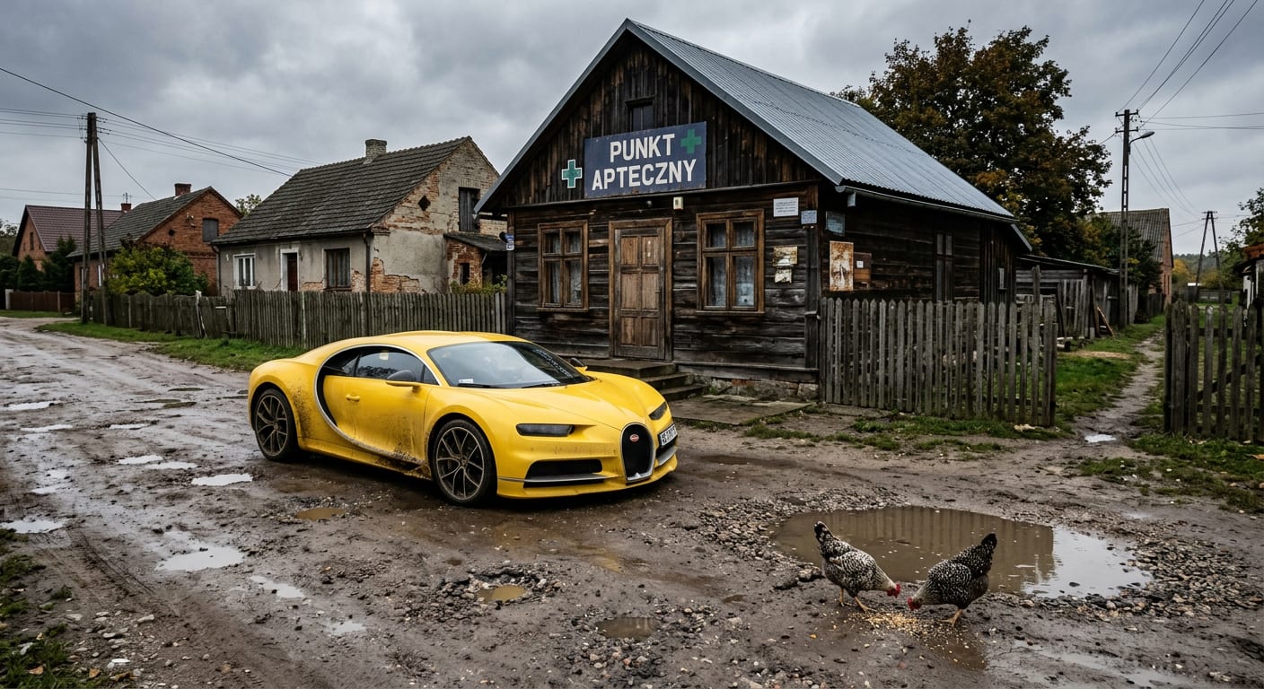 Żółty Bugatti Chiron zaparkowany na dziurawej wiejskiej drodze pod sklepikiem z szyldem Punkt Apteczny