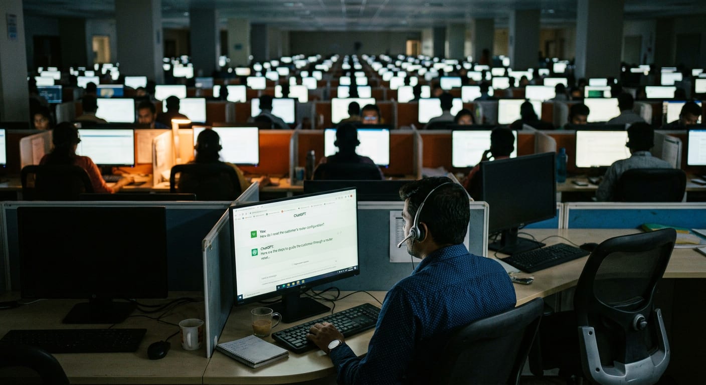 Ogromna, półmroczna hala call center, na pierwszym planie mężczyzna przy monitorze z oknem czatu GPT