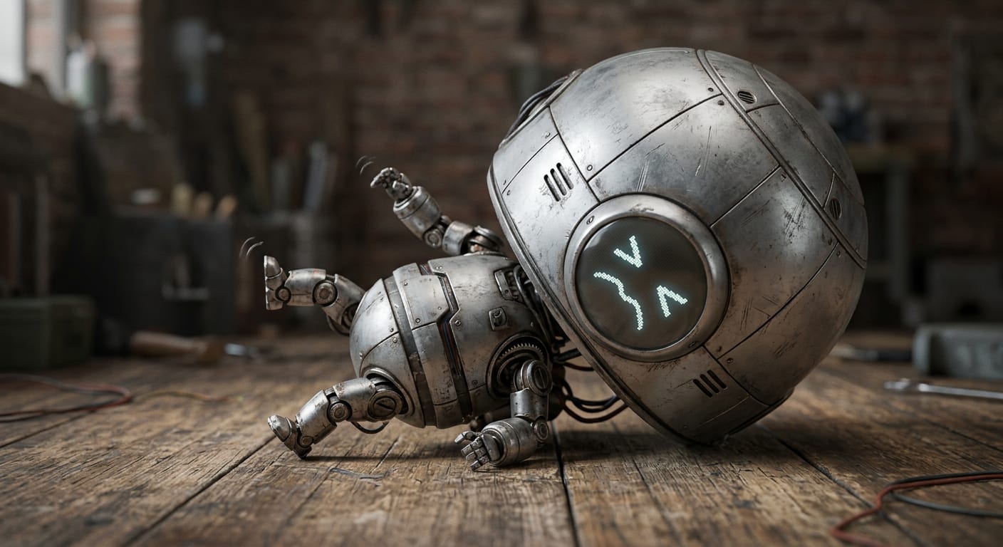 Mały robot z wielką kulistą głową i malutkim ciałkiem, przewrócony na bok, próbuje wstać