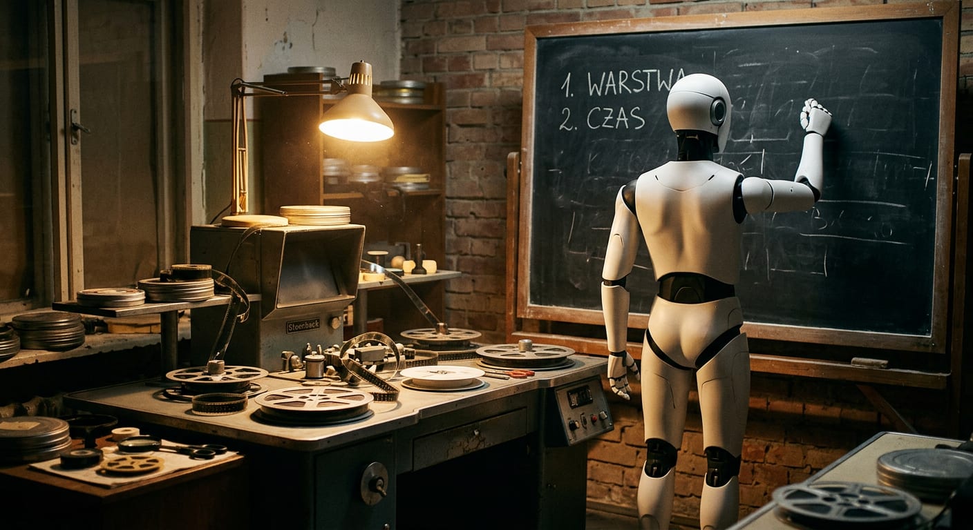 Robot stoi plecami do stołu montażowego i pisze kredą na tablicy listę poleceń: 1. warstwa, 2. czas