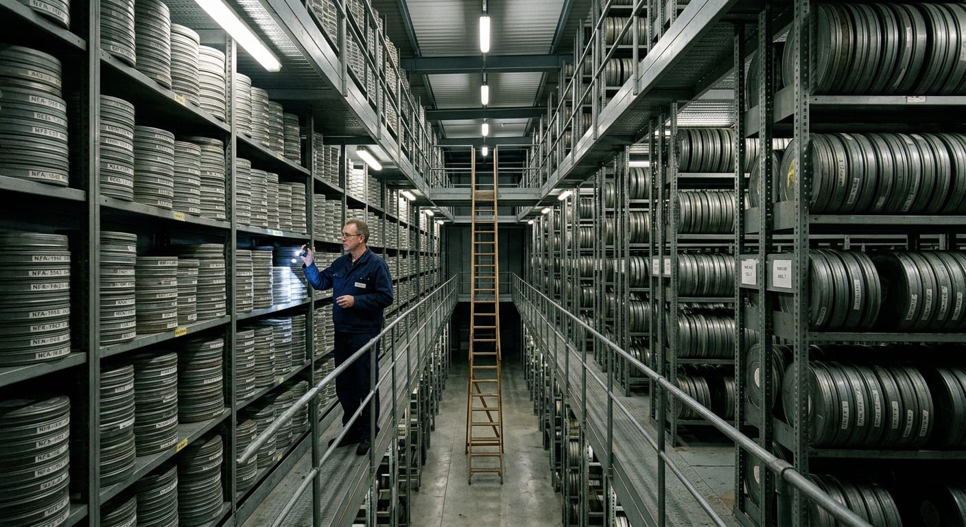 Archiwum filmowe, regały z puszkami taśmy po sufit, jeden człowiek z latarką przegląda półkę