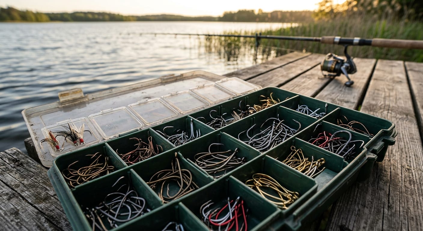 Otwarty przybornik wędkarski pełen różnych haczyków