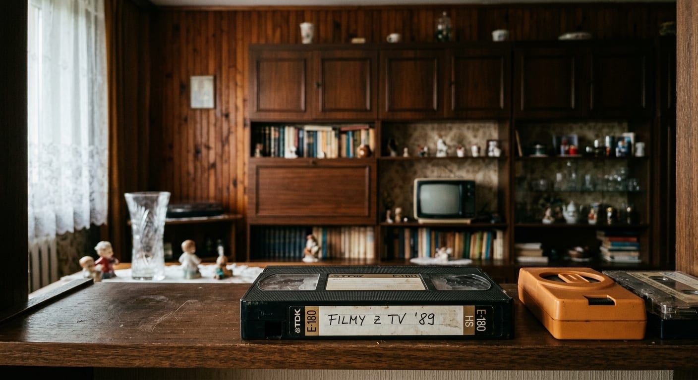 Kaseta VHS z wyłamanym ząbkiem na tle PRL-owskiej meblościanki