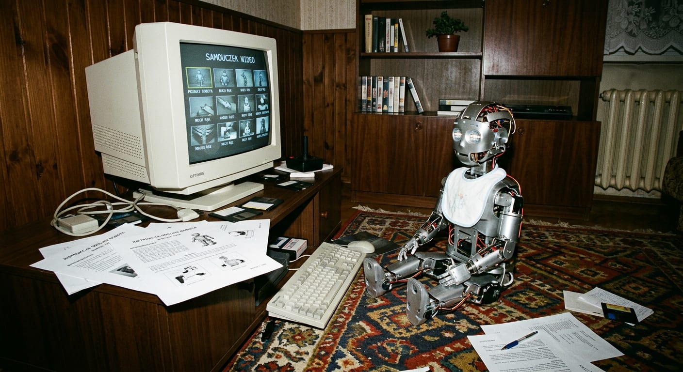 Mały robot w śliniaku siedzi na dywanie przed monitorem kineskopowym z listą poradników wideo, wokół rozsypane wydruki instrukcji