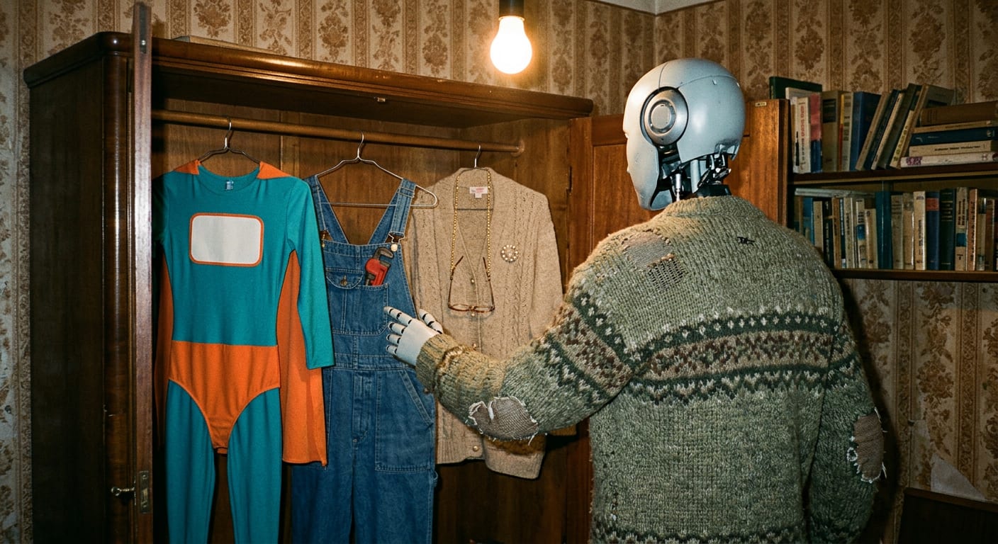 Robot w wełnianym swetrze stoi przed otwartą szafą, w której wiszą kostium superbohatera, ogrodniczki hydraulika i sweterek z broszką