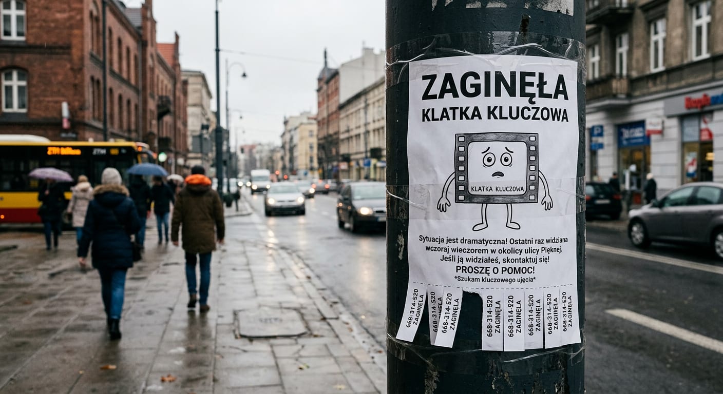 Plakat na latarni: ZAGINĘŁA KLATKA KLUCZOWA, z paskami do oderwania