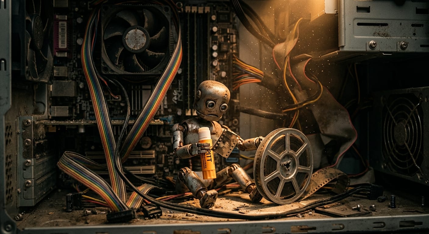 Mały smutny robot we wnętrzu zakurzonego komputera skleja taśmę filmową klejem w sztyfcie