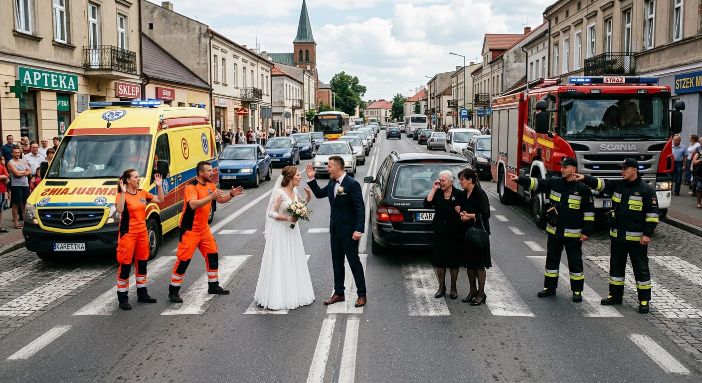 Skrzyżowanie, na którym para młoda, żałobnicy, strażacy i ratownicy kłócą się o pierwszeństwo